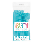 Blue plastic cutlery set in clear packaging for birthdays from Parte Haus party supply store in Bethesda Maryland.