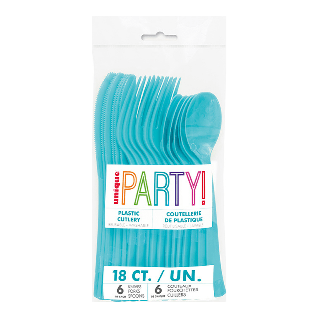 Blue plastic cutlery set in clear packaging for birthdays from Parte Haus party supply store in Bethesda Maryland.