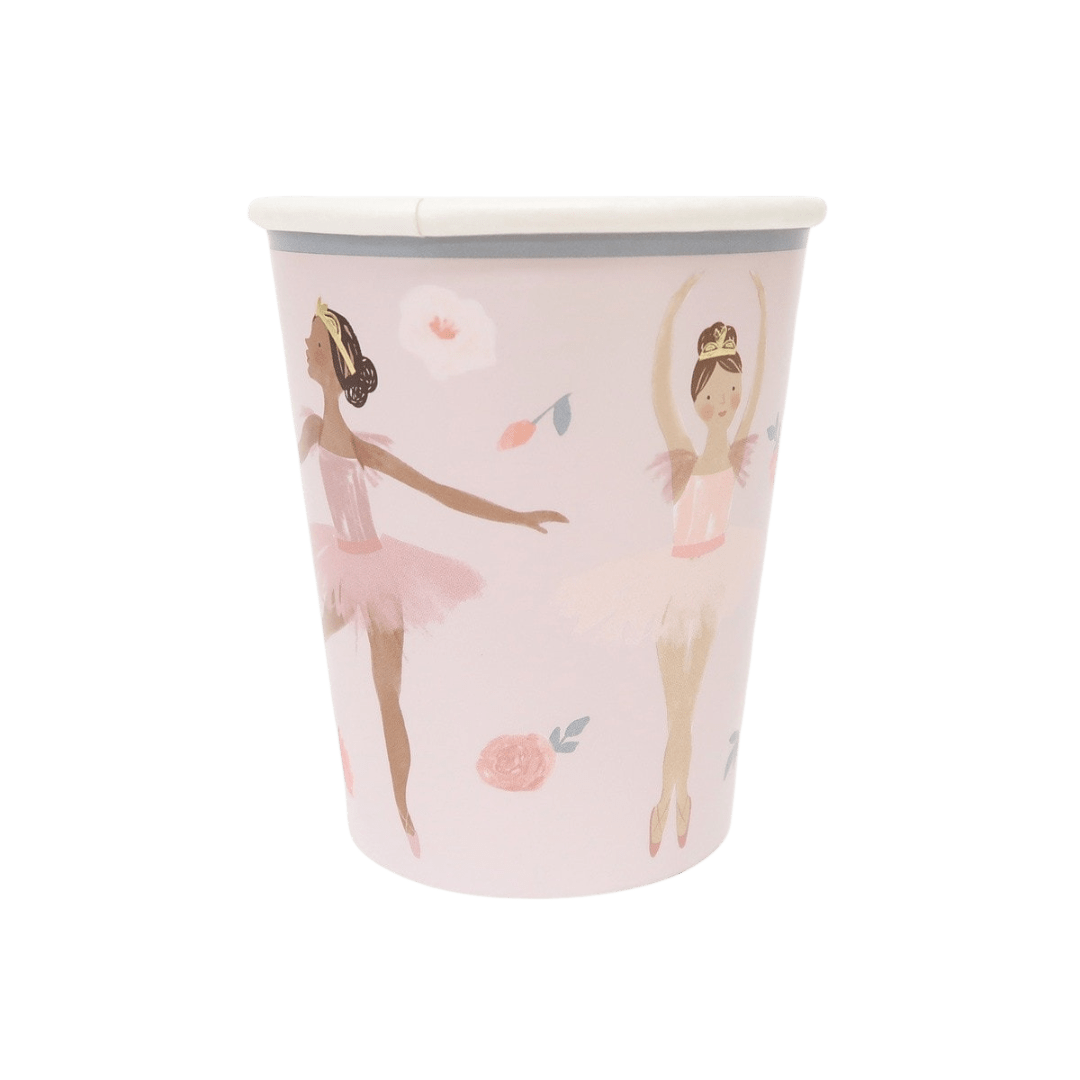 Pink ballet paper cup with ballerina illustration birthday theme from Parte Haus party supply store in Bethesda Maryland