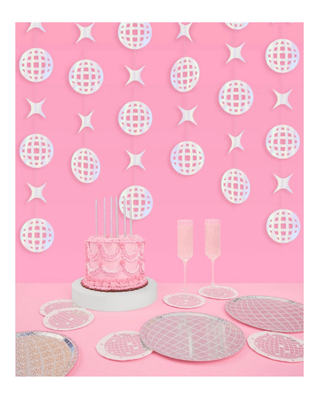 Pink disco theme plate set with matching wall decorations birthday from Parte Haus party supply store in Bethesda MD.