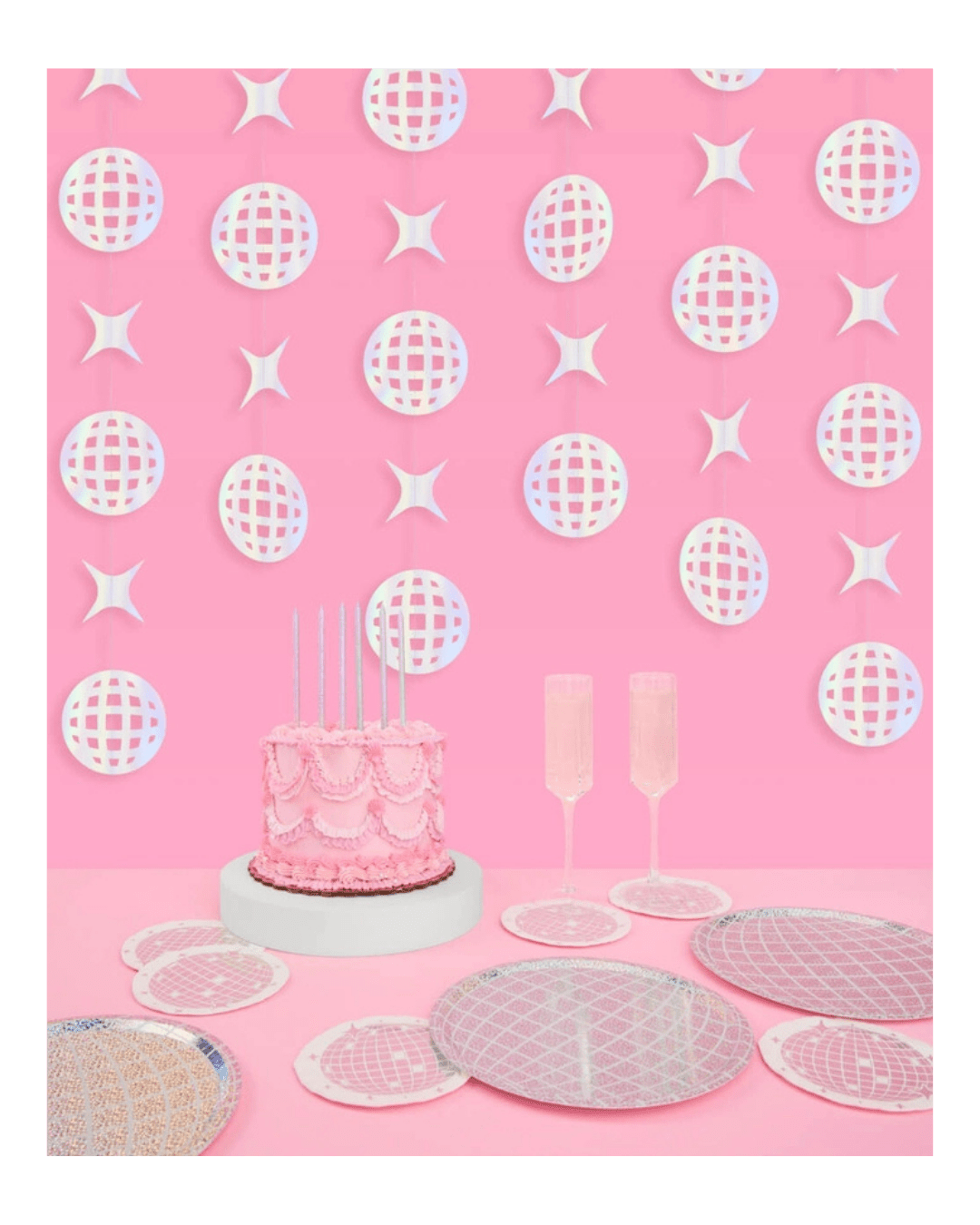 Pink disco theme plate set with matching wall decorations birthday from Parte Haus party supply store in Bethesda MD.