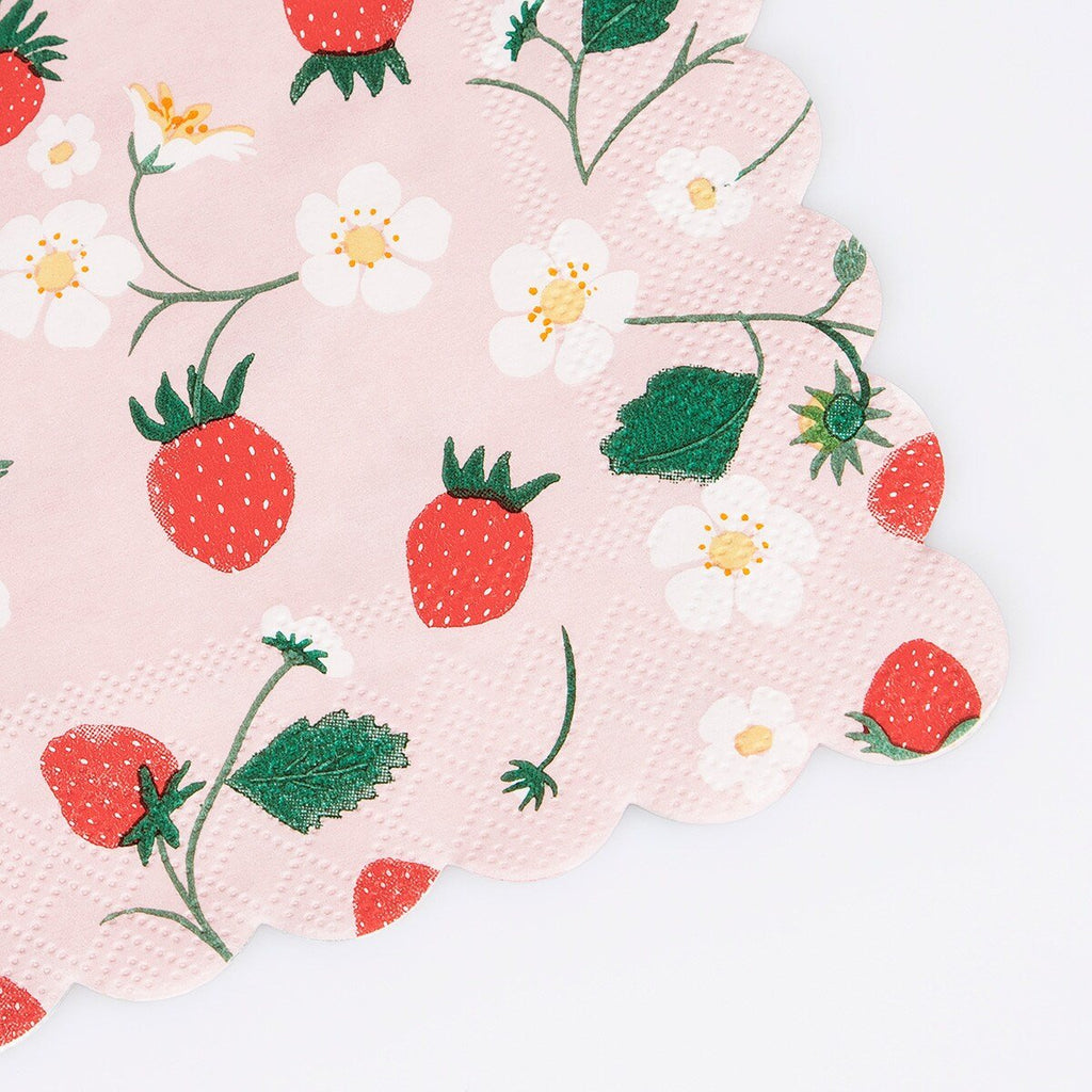 Pink strawberry paper napkin with scalloped edge floral spring theme from Parte Haus party supply store in Bethesda MD