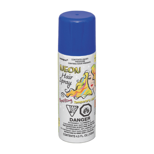 Blue neon hair spray can with colorful label for festive occasion from Parte Haus party supply store in Bethesda MD