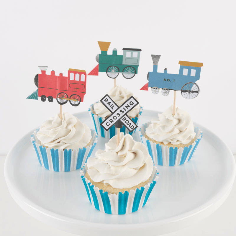 Blue striped train cupcake toppers for birthday train theme from Parte Haus party supply store in Bethesda MD