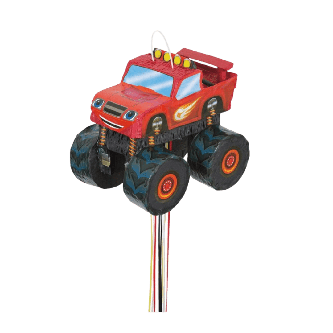 Red monster truck piñata with large wheels for kids birthday from Parte Haus party supply store in Bethesda MD