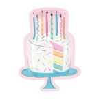 Pastel birthday cake shaped plate with candles rainbow layers and sprinkles from Parte Haus party supply store in Bethesda MD