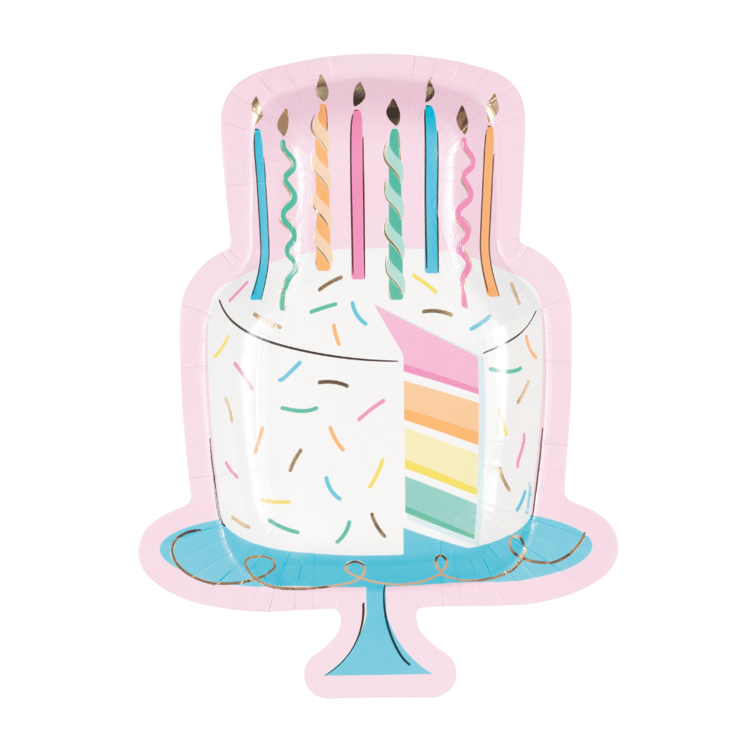 Pastel birthday cake shaped plate with candles rainbow layers and sprinkles from Parte Haus party supply store in Bethesda MD
