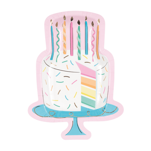 Pastel birthday cake shaped plate with candles rainbow layers and sprinkles from Parte Haus party supply store in Bethesda MD
