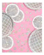 Silver disco ball plates and confetti on pink background disco theme from Parte Haus party supply store in Bethesda MD.