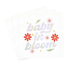 White floral napkin with baby in bloom text baby shower theme from Parte Haus party supply store in Bethesda MD.