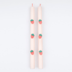 Pink strawberry taper candles with strawberry details summer theme from Parte Haus party supply store in Bethesda MD.