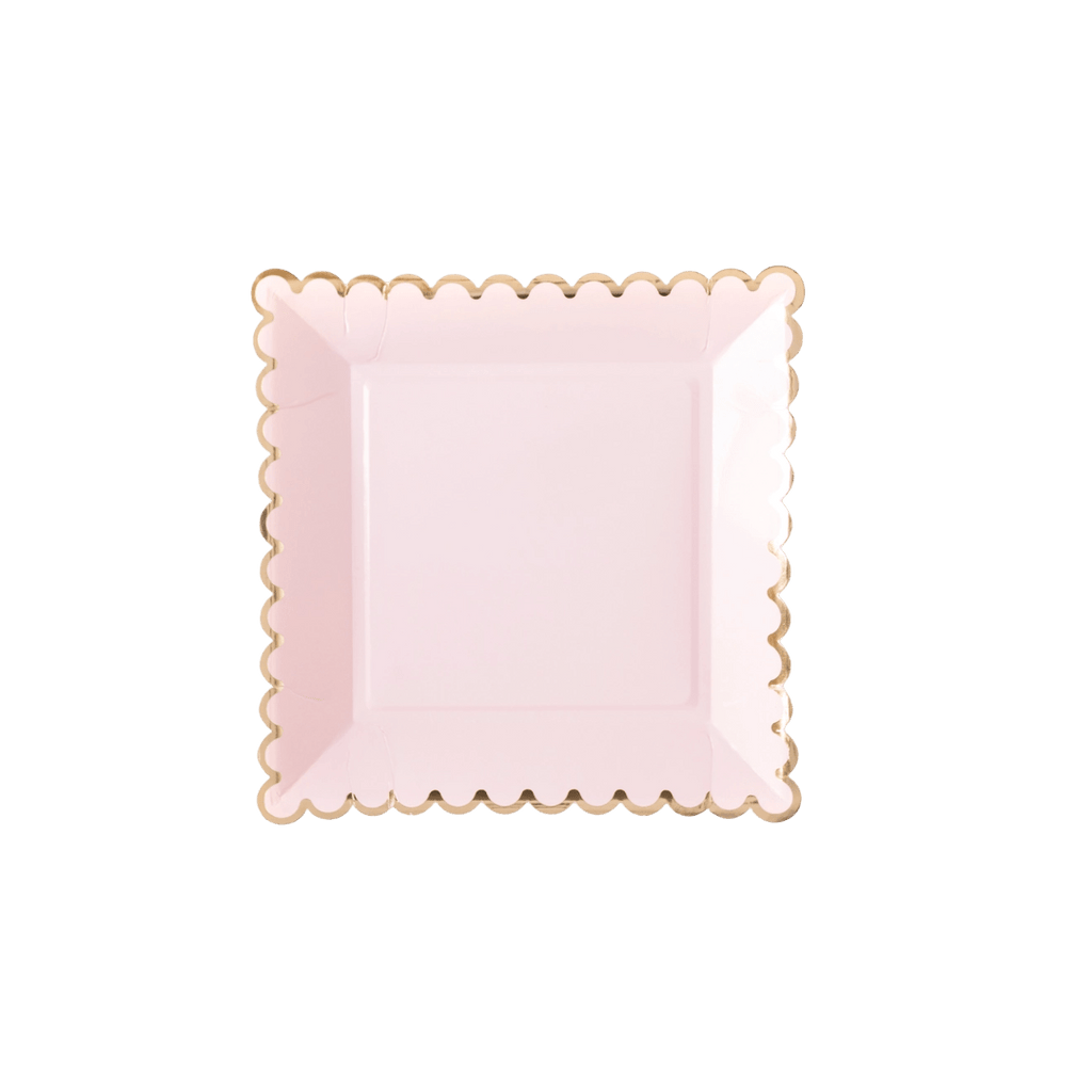 Light pink square plate with gold scalloped edge birthday theme from Parte Haus party supply store in Bethesda Maryland