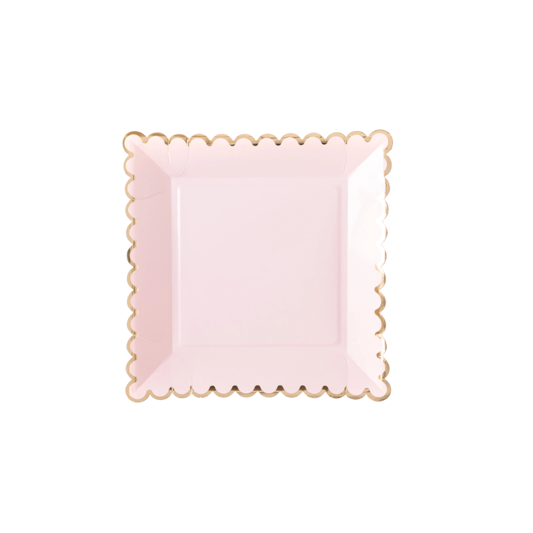 Light pink square plate with gold scalloped edge birthday theme from Parte Haus party supply store in Bethesda Maryland