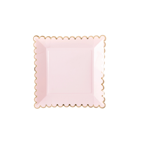 Light pink square plate with gold scalloped edge birthday theme from Parte Haus party supply store in Bethesda Maryland