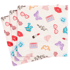 Multicolor napkin 13th birthday design with hearts lips dice and cassette tapes from Parte Haus party supply store in Bethesda Maryland