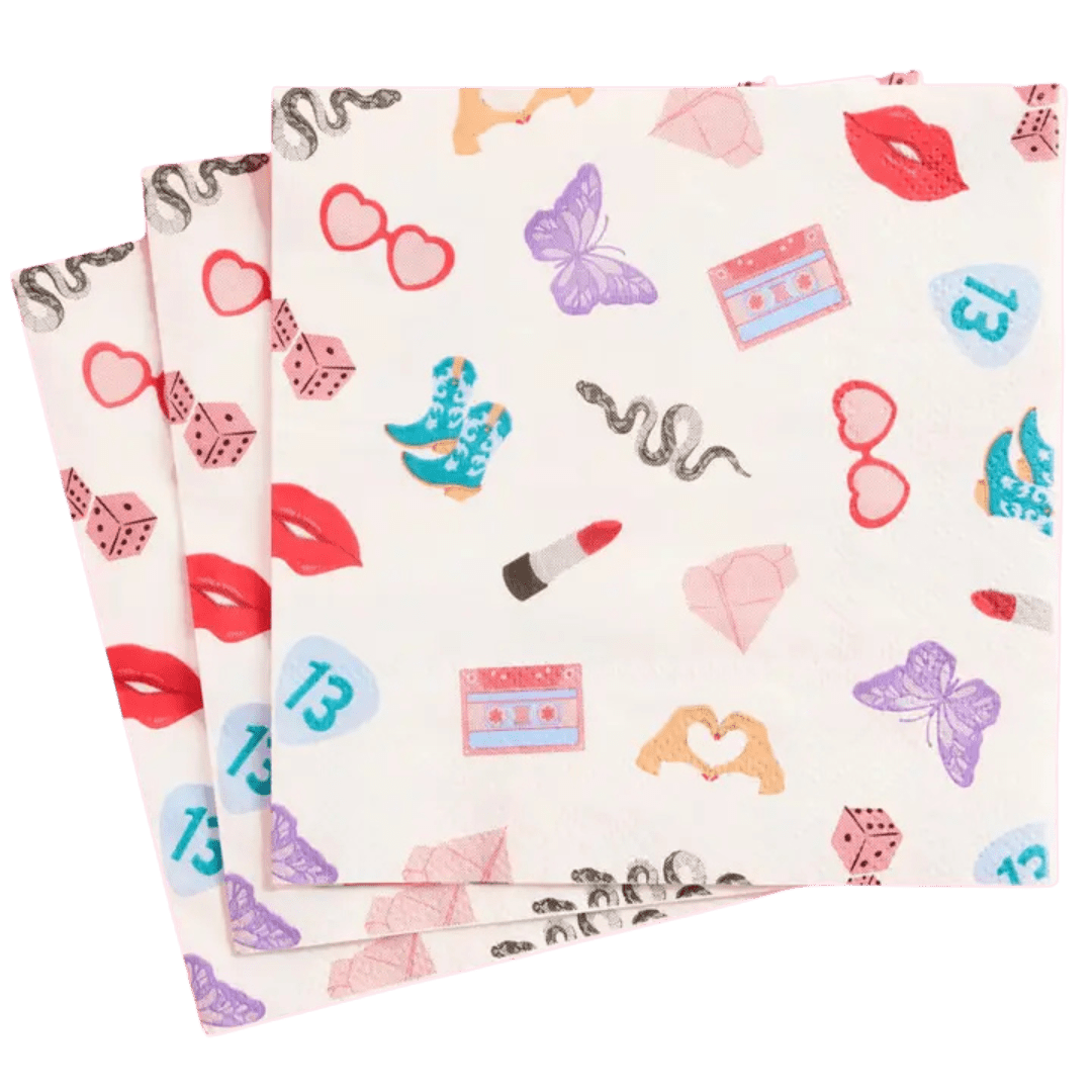 Multicolor napkin 13th birthday design with hearts lips dice and cassette tapes from Parte Haus party supply store in Bethesda Maryland