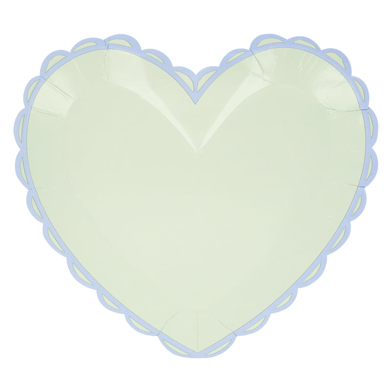Pale yellow heart shaped paper plate with scalloped purple border for celebration from Parte Haus party supply store in Bethesda MD