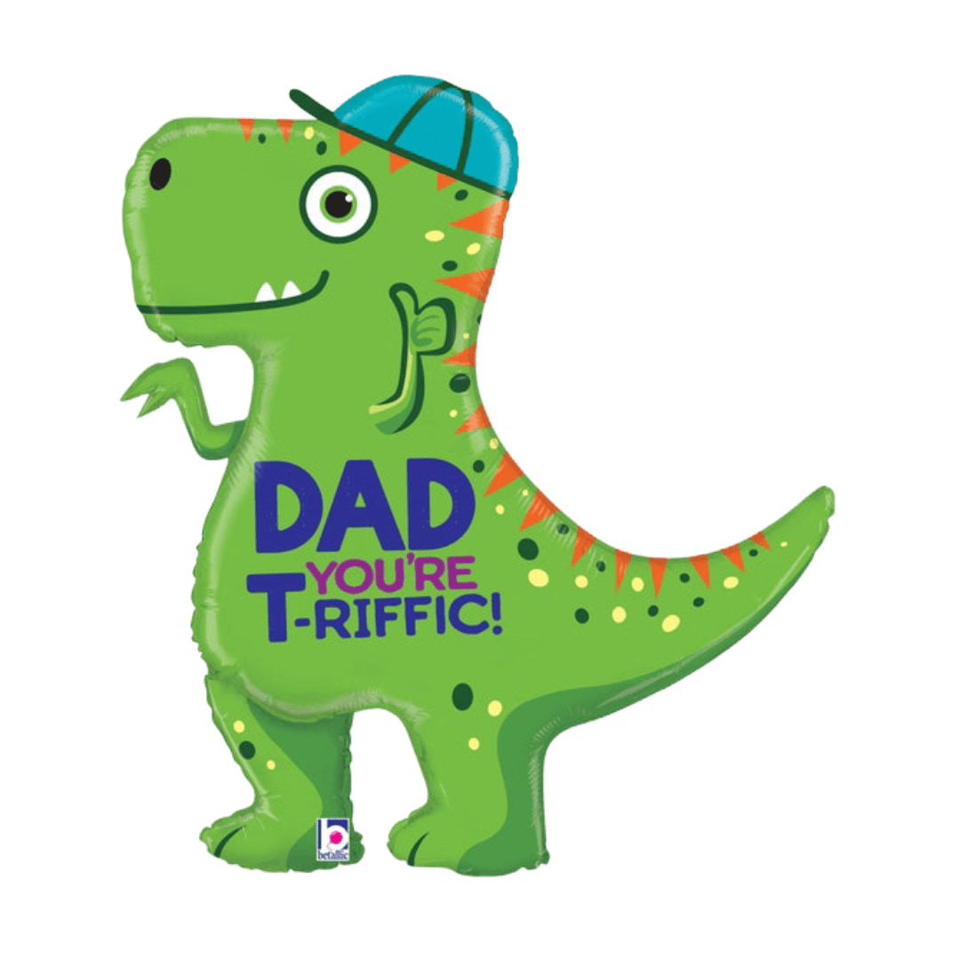 Green dinosaur balloon with Dad You’re T-Riffic text for Father’s Day from Parte Haus party supply store in Bethesda Maryland