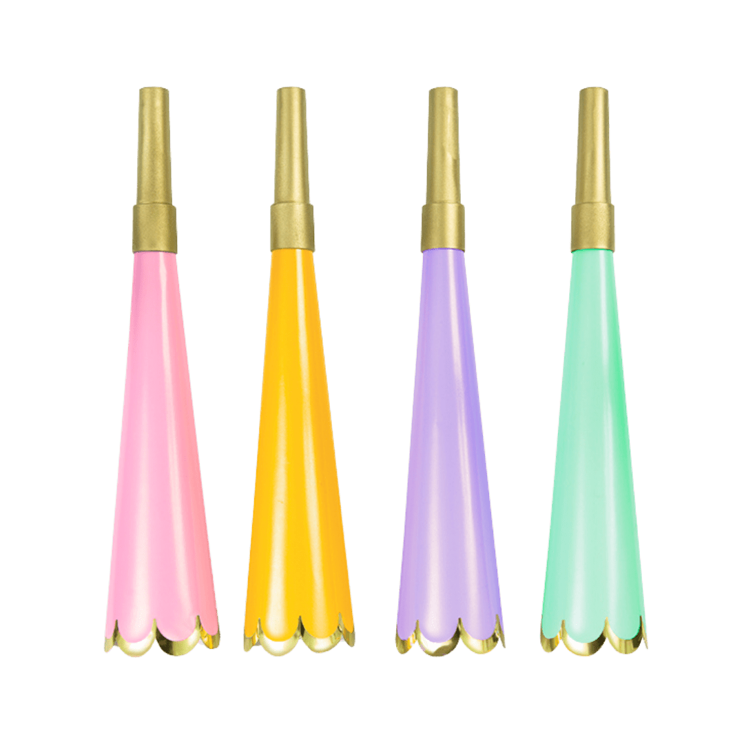 Pastel color party blowers with gold trim from Parte Haus party supply store in Bethesda Maryland