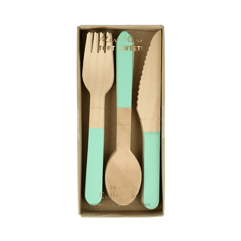 Mint green wooden cutlery set in box eco friendly tableware from Parte Haus party supply store in Bethesda MD.