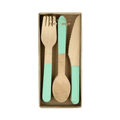Mint green wooden cutlery set in box eco friendly tableware from Parte Haus party supply store in Bethesda MD.