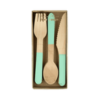 Mint green wooden cutlery set in box eco friendly tableware from Parte Haus party supply store in Bethesda MD.