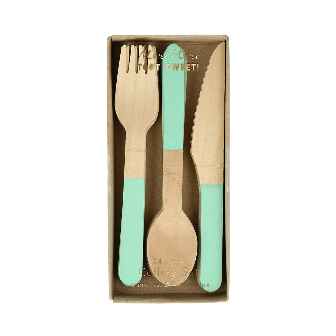 Mint green wooden cutlery set in box eco friendly tableware from Parte Haus party supply store in Bethesda MD.