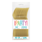 Gold plastic forks in clear packaging for birthday theme from Parte Haus party supply store in Bethesda MD.