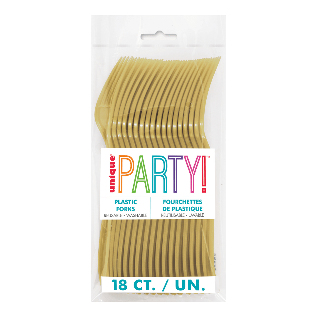 Gold plastic forks in clear packaging for birthday theme from Parte Haus party supply store in Bethesda MD.