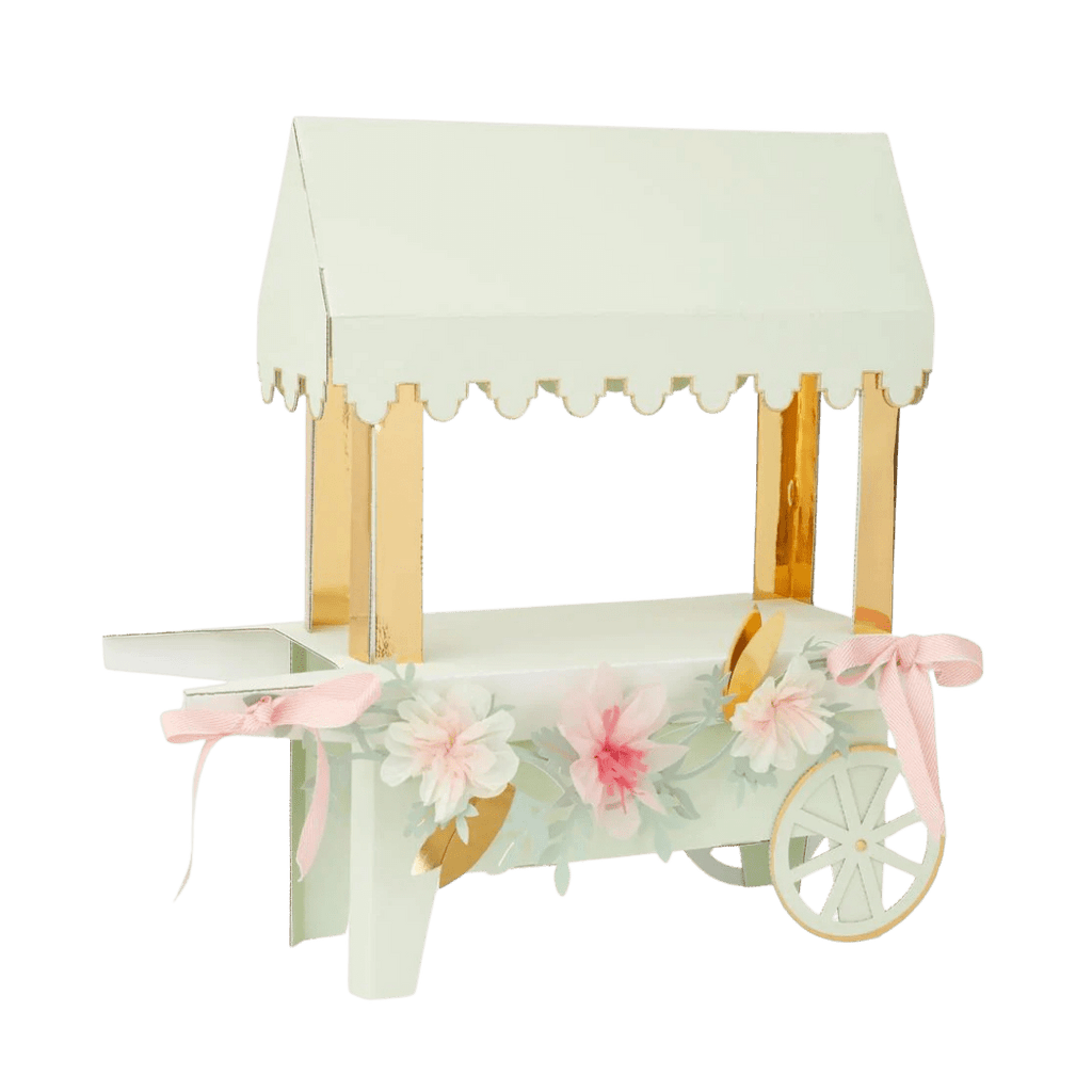 White and gold cart favor box with pink bows and floral accents baby shower from Parte Haus party supply store in Bethesda Maryland