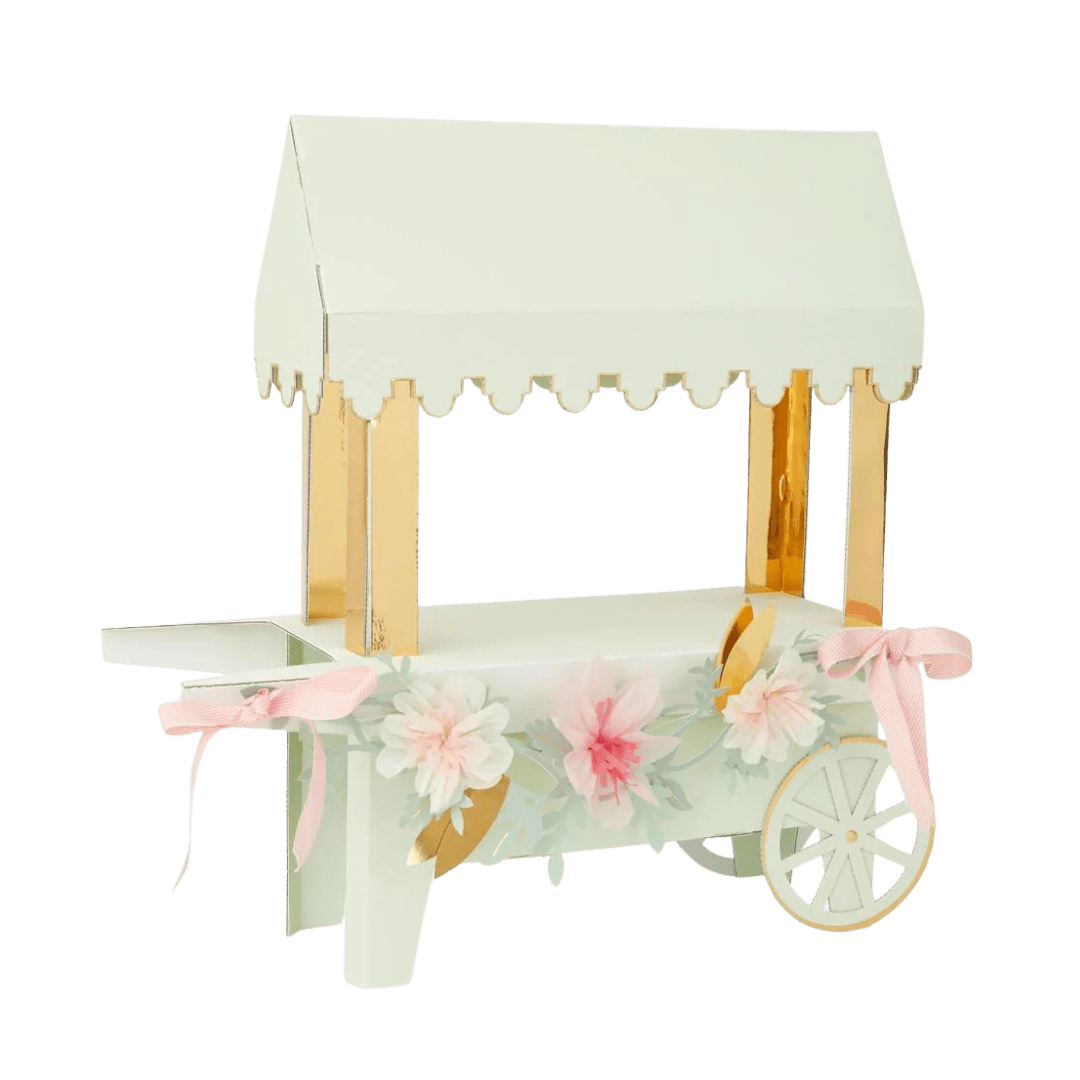 White and gold cart favor box with pink bows and floral accents baby shower from Parte Haus party supply store in Bethesda Maryland