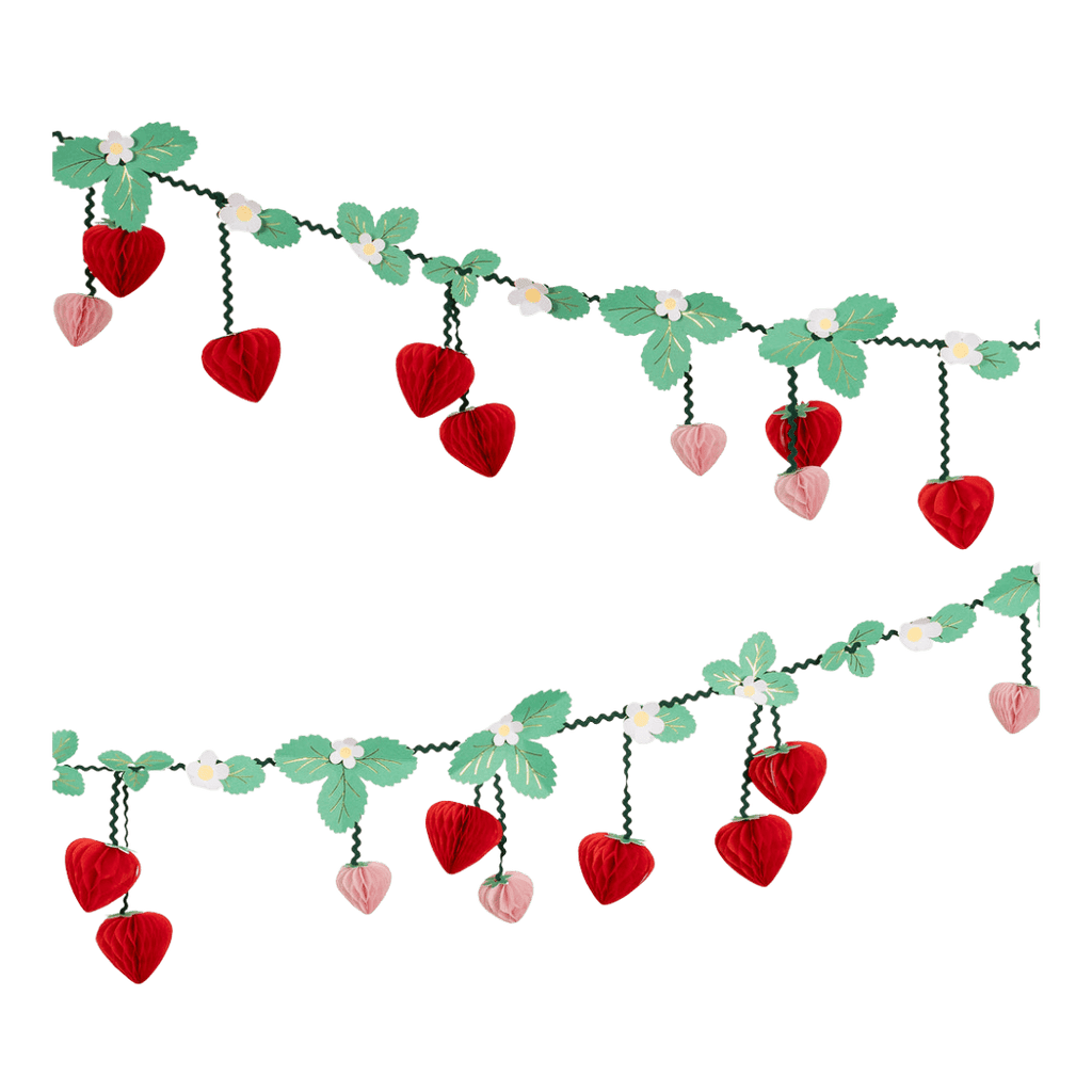 Red and pink strawberry garland with green leaves and white flowers summer theme from Parte Haus party supply store in Bethesda MD