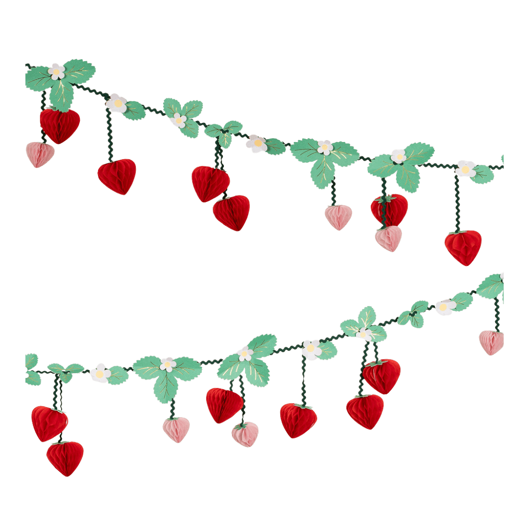 Red and pink strawberry garland with green leaves and white flowers summer theme from Parte Haus party supply store in Bethesda MD