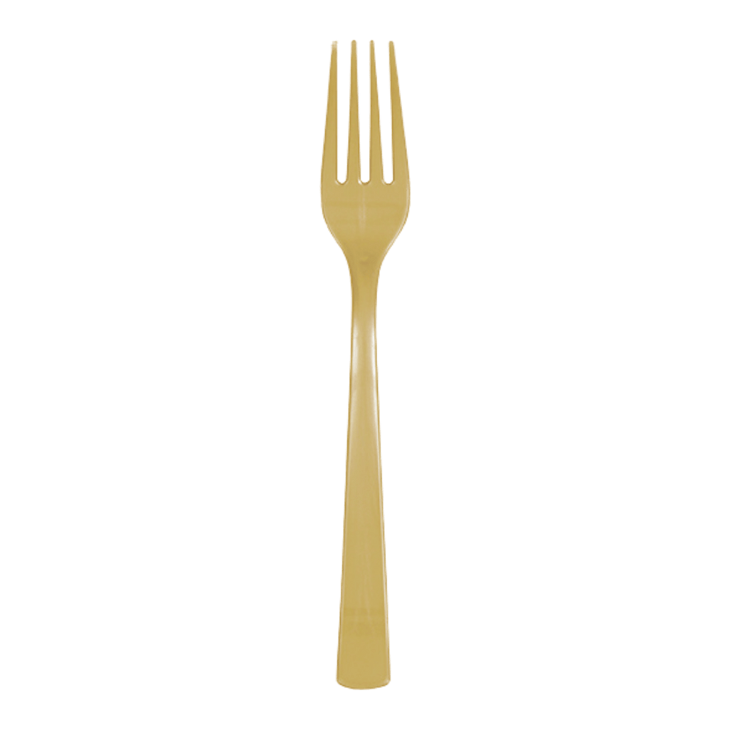 Gold plastic fork with shiny finish elegant dining from Parte Haus party supply store in Bethesda MD