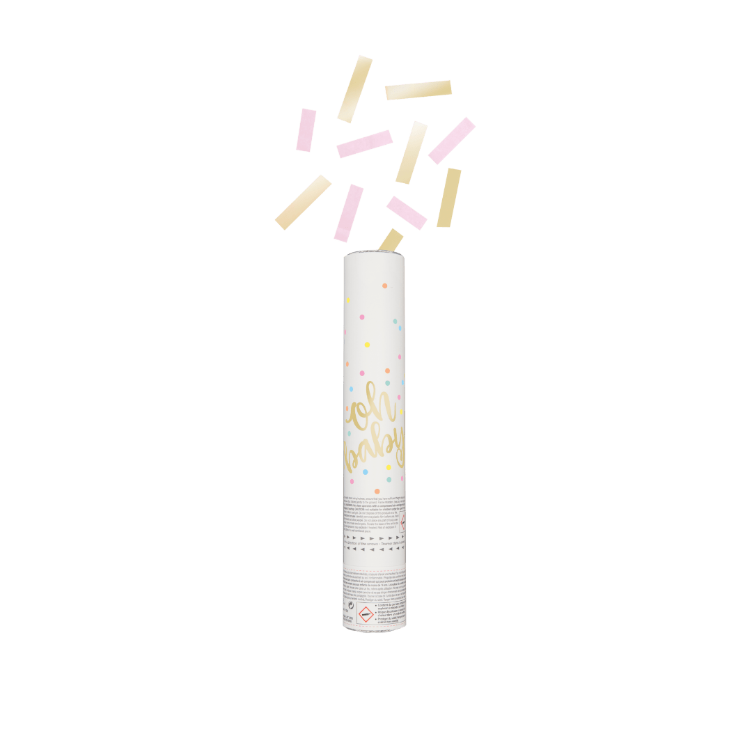 Pastel confetti cannon with Oh Baby text for baby shower from Parte Haus party supply store in Bethesda Maryland