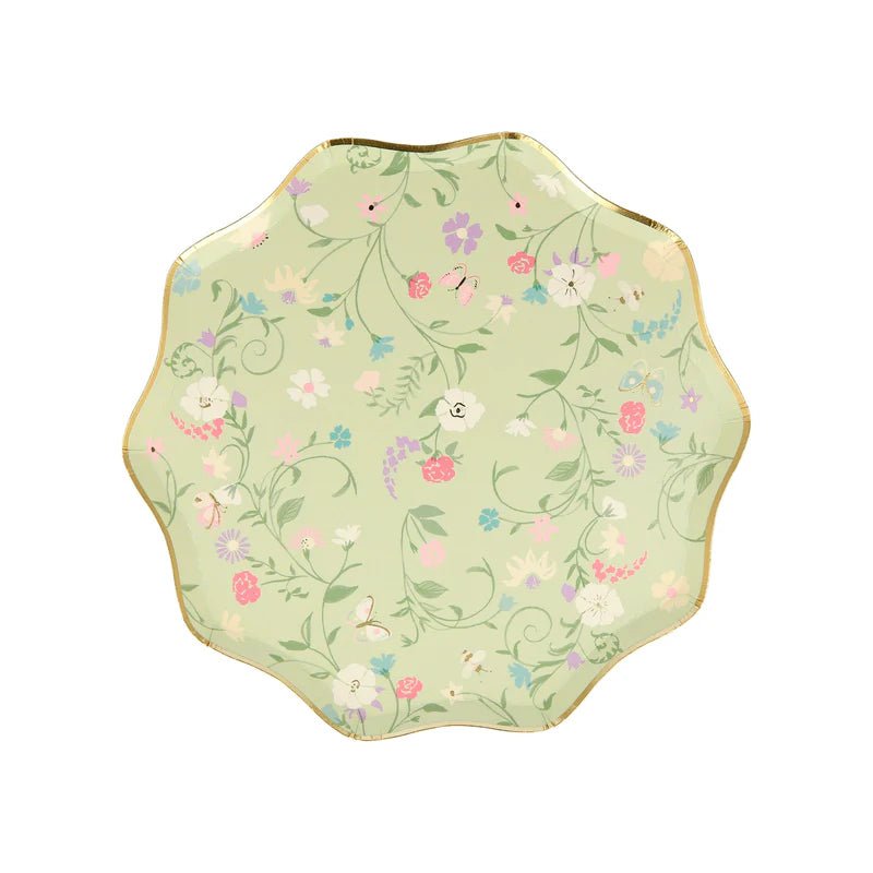 Green floral paper plate with scalloped edges for spring garden theme from Parte Haus party supply store in Bethesda MD