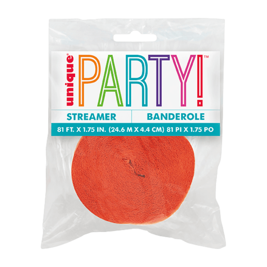 Red streamer roll in clear packaging birthday theme from Parte Haus party supply store in Bethesda Maryland