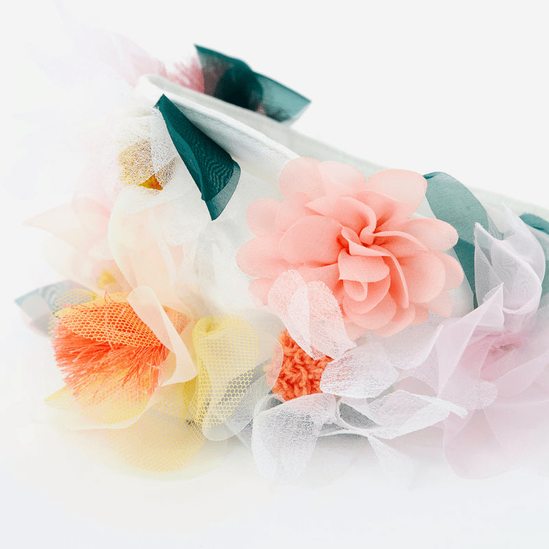 Pastel flower crown with pink yellow and green fabric flowers spring theme from Parte Haus party supply store in Bethesda MD