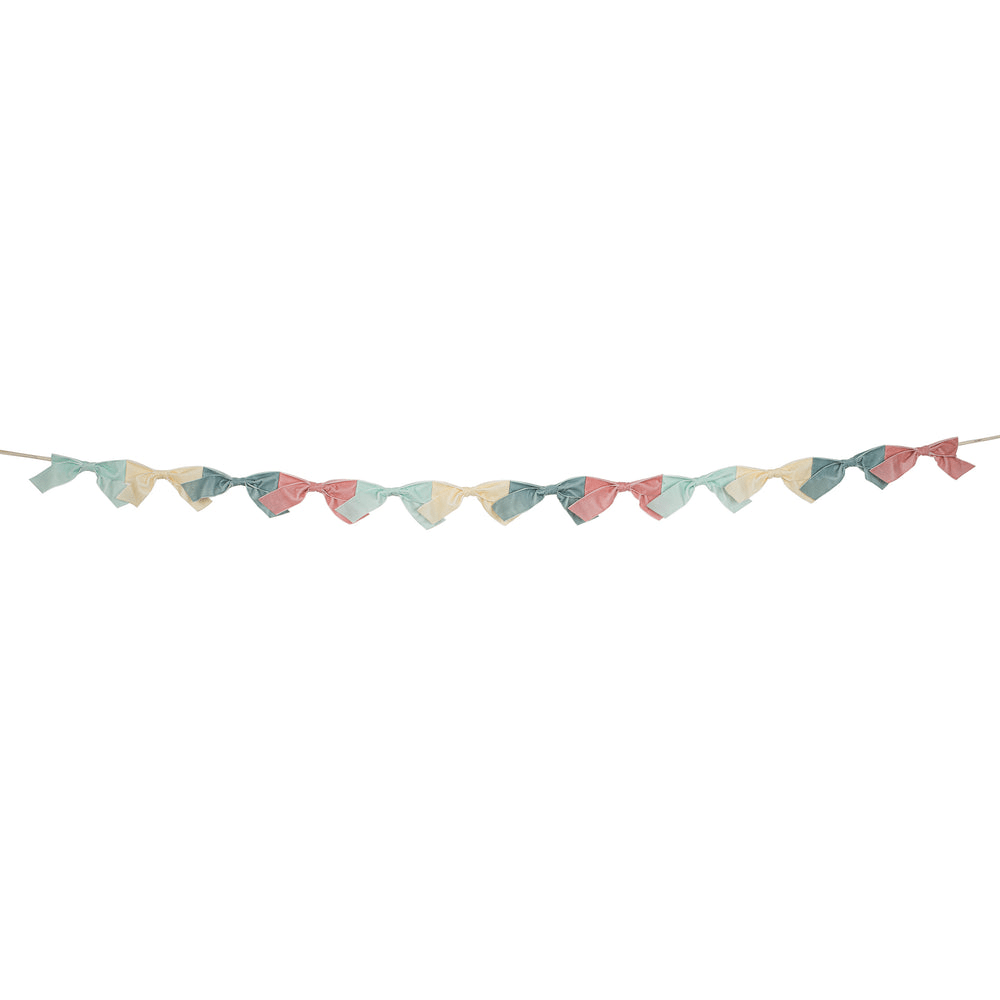 Pastel multicolor fabric bow garland for birthdays from Parte Haus party supply store in Bethesda MD