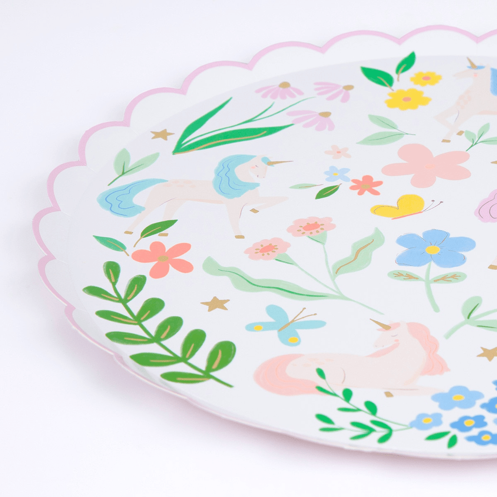 Pastel unicorn paper plate with flowers and butterflies birthday theme from Parte Haus party supply store in Bethesda MD