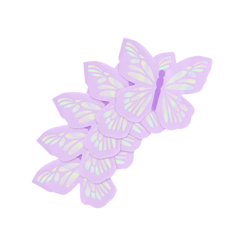Lilac butterfly shaped cutouts with iridescent wings for birthday theme from Parte Haus party supply store in Bethesda Maryland.