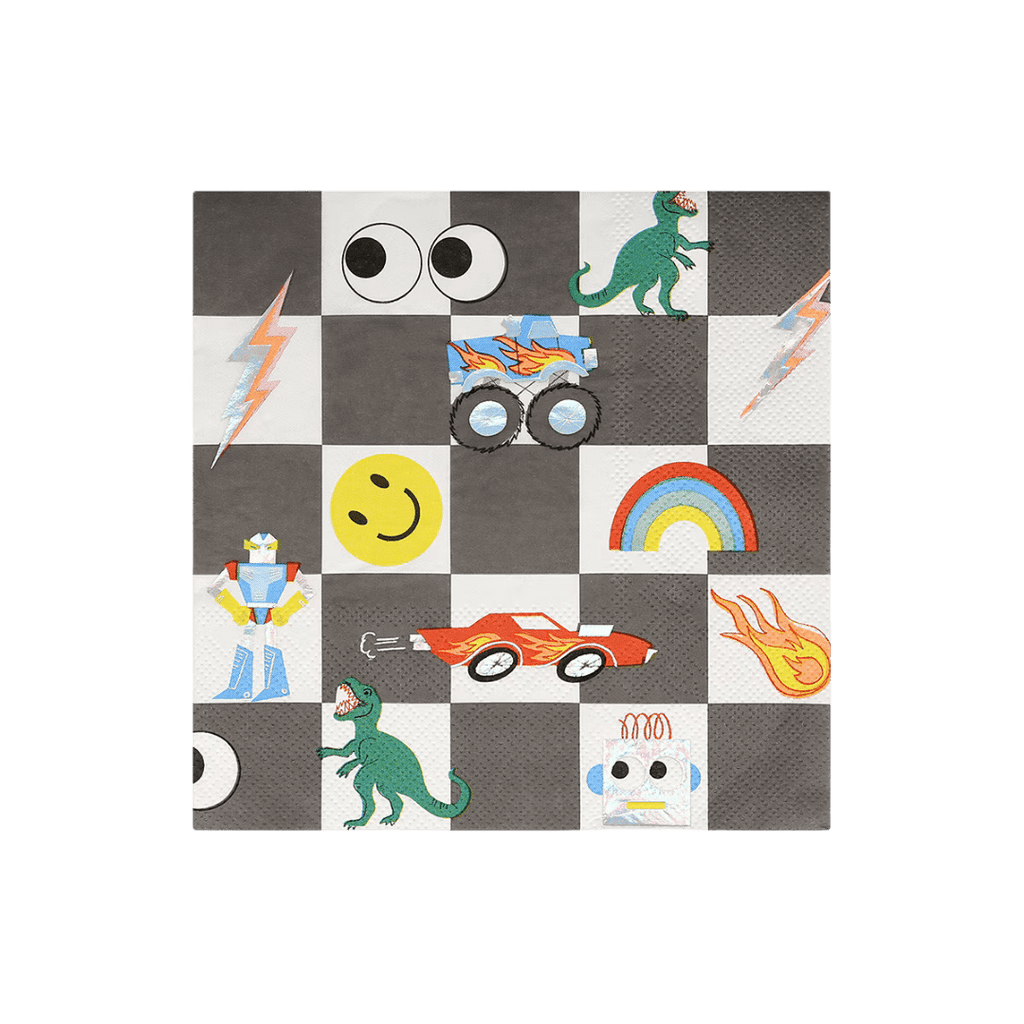 black and white napkin with dinosaurs cars rainbows lightning and smiley faces kids birthday from Parte Haus party supply store in Bethesda MD