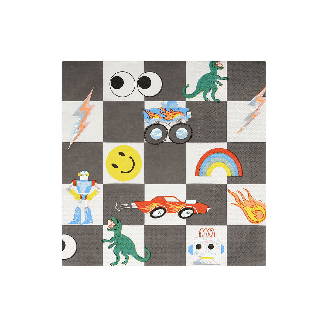 black and white napkin with dinosaurs cars rainbows lightning and smiley faces kids birthday from Parte Haus party supply store in Bethesda MD