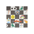 black and white napkin with dinosaurs cars rainbows lightning and smiley faces kids birthday from Parte Haus party supply store in Bethesda MD