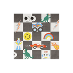 black and white napkin with dinosaurs cars rainbows lightning and smiley faces kids birthday from Parte Haus party supply store in Bethesda MD