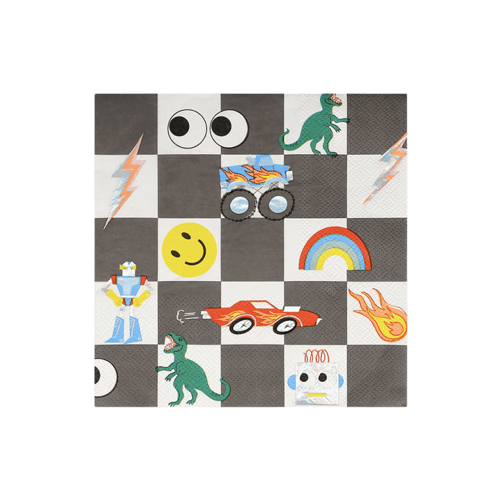 black and white napkin with dinosaurs cars rainbows lightning and smiley faces kids birthday from Parte Haus party supply store in Bethesda MD