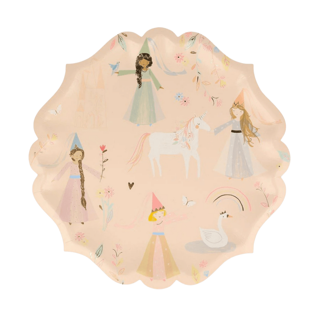 Pastel princess paper plate with princess and unicorn fairy tale design birthday theme from Parte Haus party supply store in Bethesda Maryland.