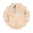 Pastel princess paper plate with princess and unicorn fairy tale design birthday theme from Parte Haus party supply store in Bethesda Maryland.
