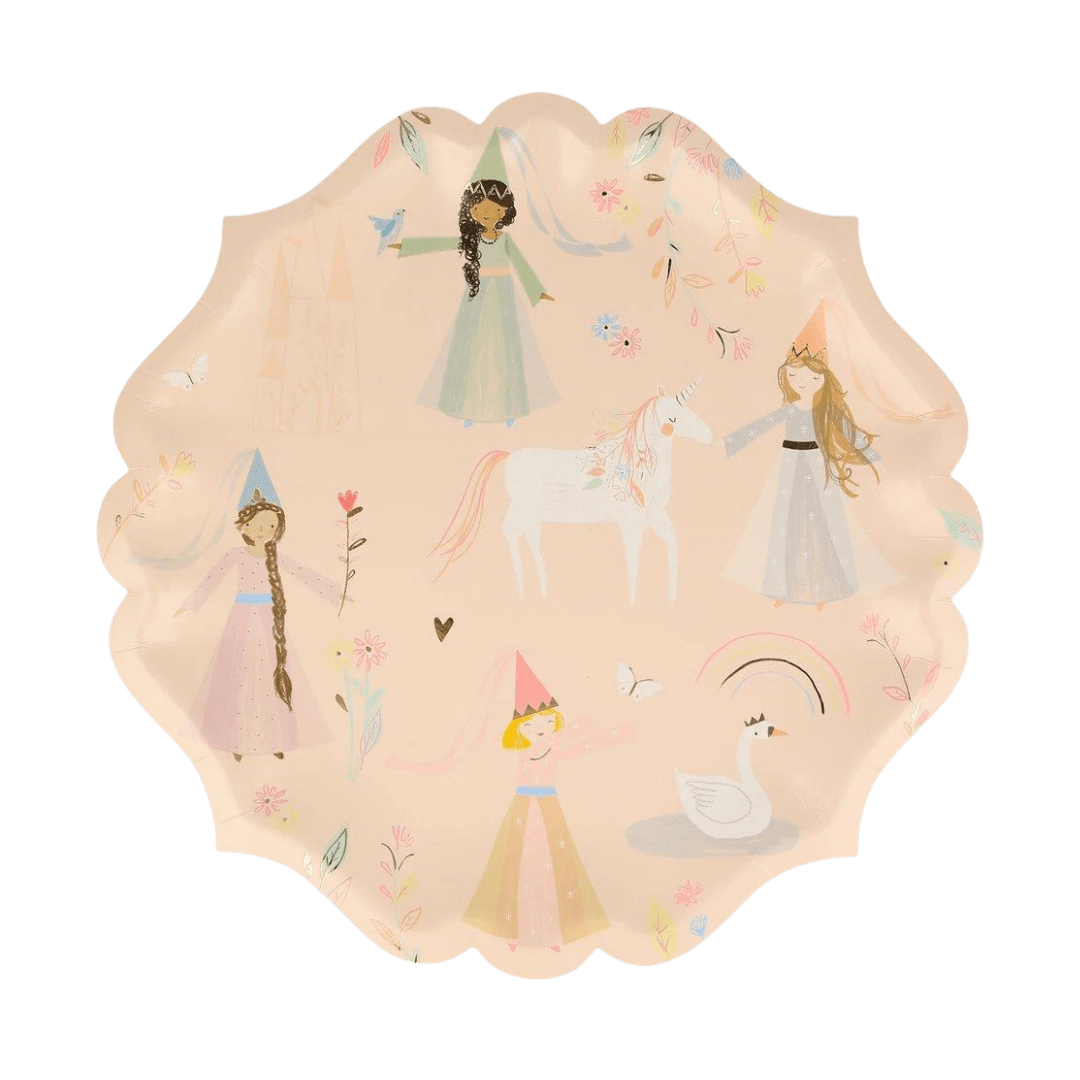 Pastel princess paper plate with princess and unicorn fairy tale design birthday theme from Parte Haus party supply store in Bethesda Maryland.