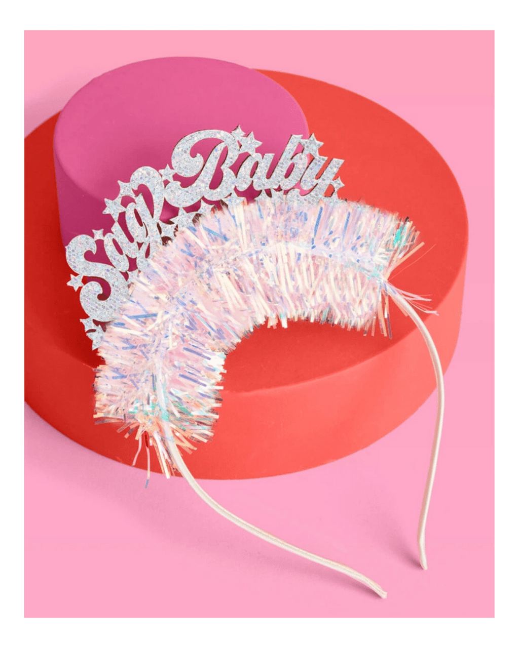 Silver glitter Save Baby headband with iridescent tinsel baby shower from Parte Haus party supply store in Bethesda MD